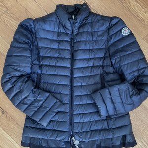 Moncler dark blue, ribbon edged and ruffle skirted waist puffer, size 1 (small)